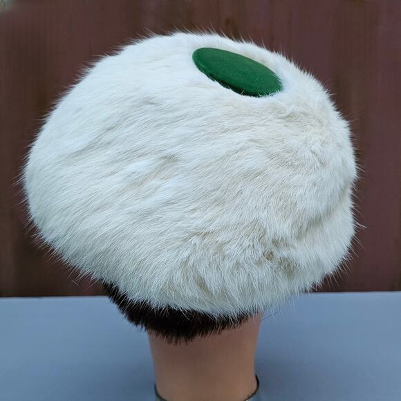 VTG White Rabbit Fur Hat Sonni California Green Velvet Fascinator Elegant 60s - Picture 3 of 10